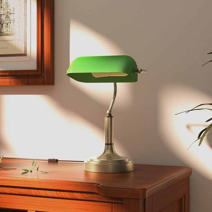 Candeeiro de Mesa Banqueiro Candeeiro de Mesa Vintage E27 com Ecrã Orientável a 45° Interruptor Basculante para Casa Escritório Biblioteca 26,8x22x39,5 cm Verde