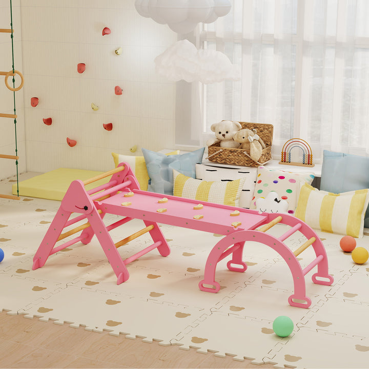 Triângulo de Escalada 7 em 1 Montessori com Arco e Rampa Escalada para Crianças de Madeira Dobrável para 18-48 Meses Para Deslizar ou Escalar 188x70 cm Rosa