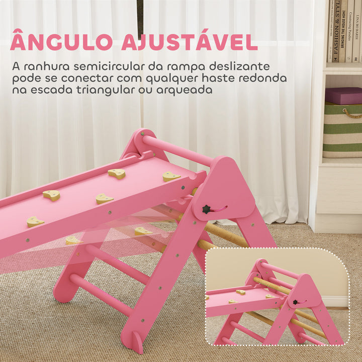 Triângulo de Escalada 7 em 1 Montessori com Arco e Rampa Escalada para Crianças de Madeira Dobrável para 18-48 Meses Para Deslizar ou Escalar 188x70 cm Rosa