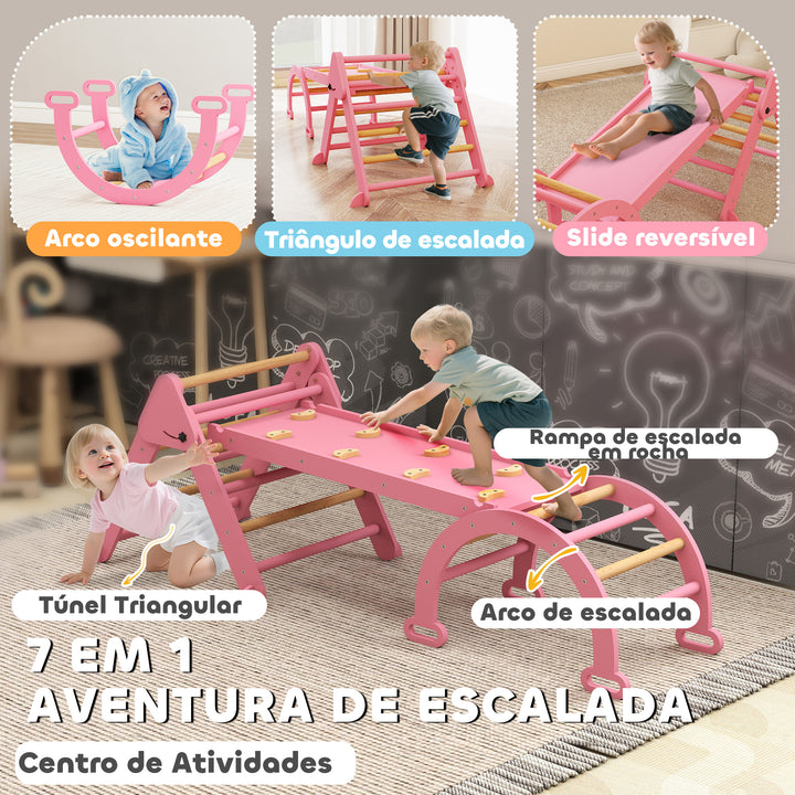 Triângulo de Escalada 7 em 1 Montessori com Arco e Rampa Escalada para Crianças de Madeira Dobrável para 18-48 Meses Para Deslizar ou Escalar 188x70 cm Rosa