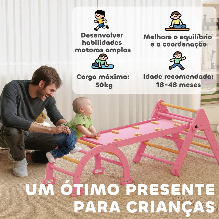 Triângulo de Escalada 7 em 1 Montessori com Arco e Rampa Escalada para Crianças de Madeira Dobrável para 18-48 Meses Para Deslizar ou Escalar 188x70 cm Rosa