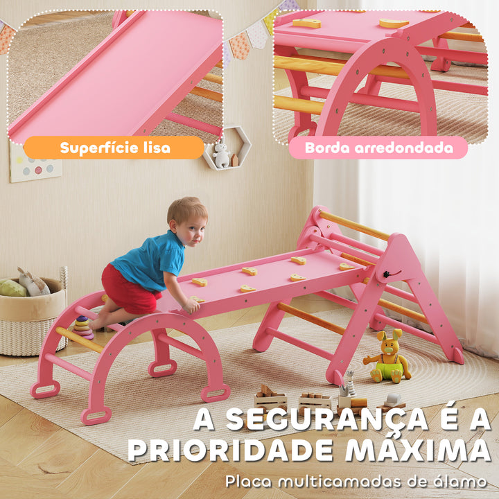 Triângulo de Escalada 7 em 1 Montessori com Arco e Rampa Escalada para Crianças de Madeira Dobrável para 18-48 Meses Para Deslizar ou Escalar 188x70 cm Rosa