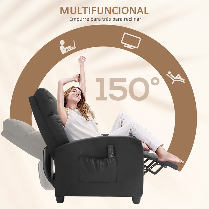 Poltrona de Massagem Poltrona Relax Reclinável com 2 Zonas de Massagem 8 Programas 5 Níveis de Intensidade e Controlo Remoto Estofada em PU 68x88x98 cm Preto