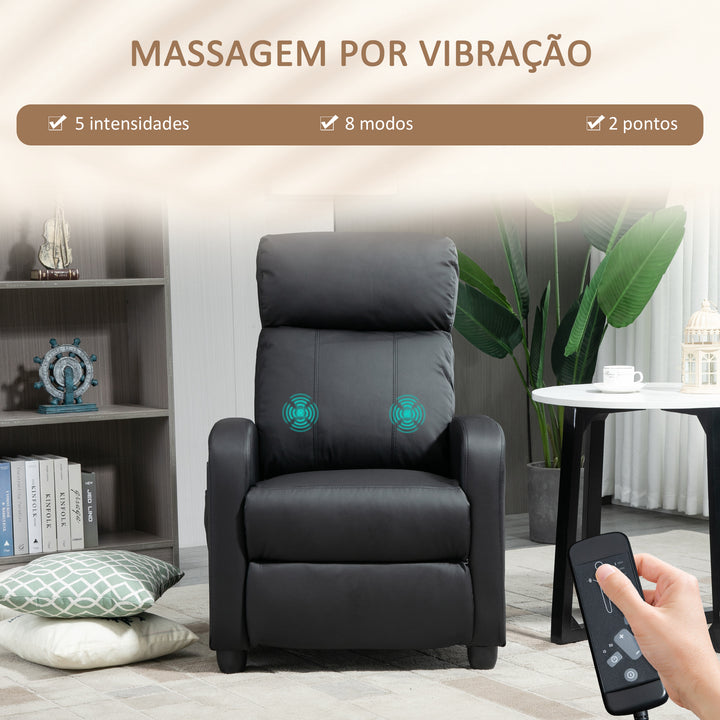 Poltrona de Massagem Poltrona Relax Reclinável com 2 Zonas de Massagem 8 Programas 5 Níveis de Intensidade e Controlo Remoto Estofada em PU 68x88x98 cm Preto