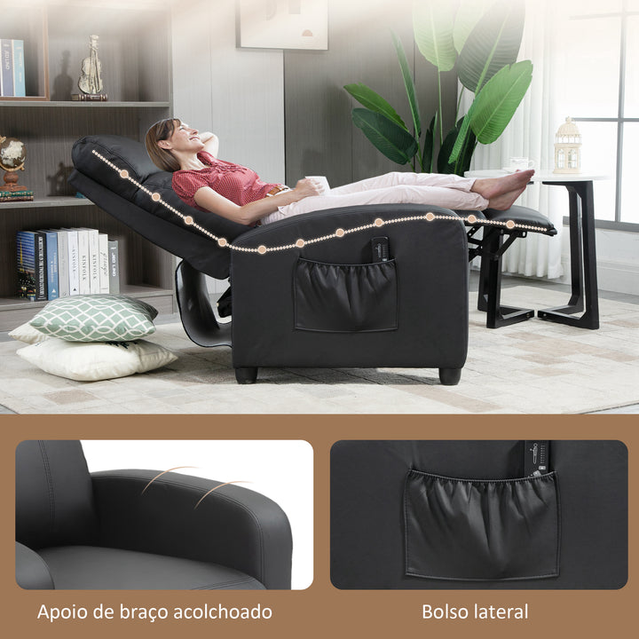 Poltrona de Massagem Poltrona Relax Reclinável com 2 Zonas de Massagem 8 Programas 5 Níveis de Intensidade e Controlo Remoto Estofada em PU 68x88x98 cm Preto