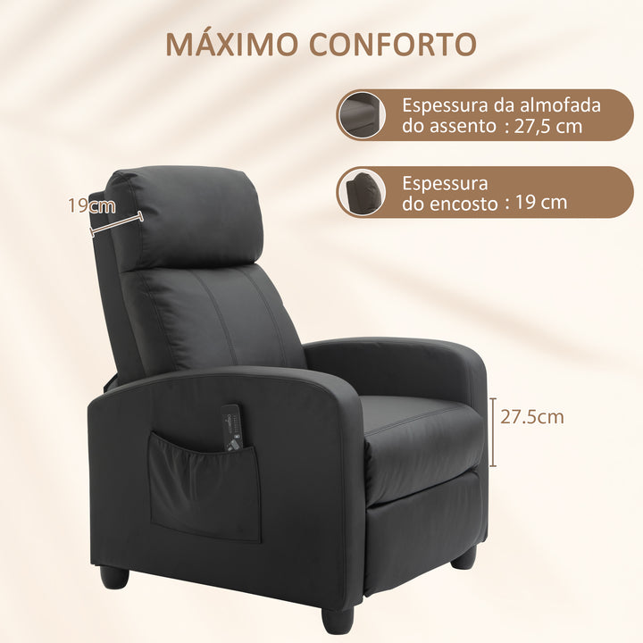 Poltrona de Massagem Poltrona Relax Reclinável com 2 Zonas de Massagem 8 Programas 5 Níveis de Intensidade e Controlo Remoto Estofada em PU 68x88x98 cm Preto