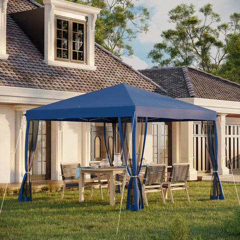 Tenda Dobrável 295x295x260 cm Tenda de Jardim com 4 Paredes Laterais de Malha 8 Orifícios de Drenagem e Bolsa de Transporte para Jardim Pátio Festas Azul