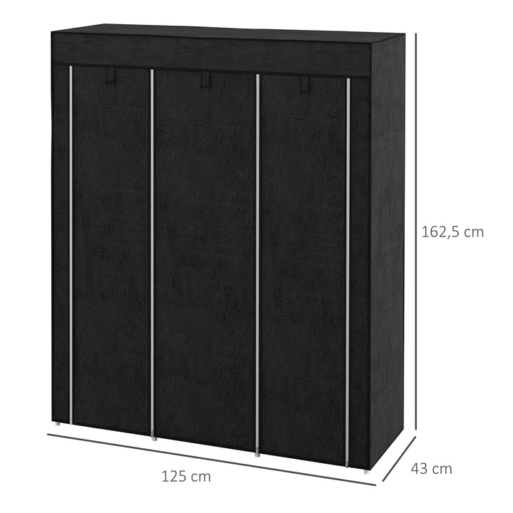 Roupeiro de Tecido Dobrável Armário Portátil com 8 Prateleiras de Armazenamento e 2 Barras de Pendurar Organizador de Roupa para Dormitório Vestidor 125x43x162,5 cm Preto