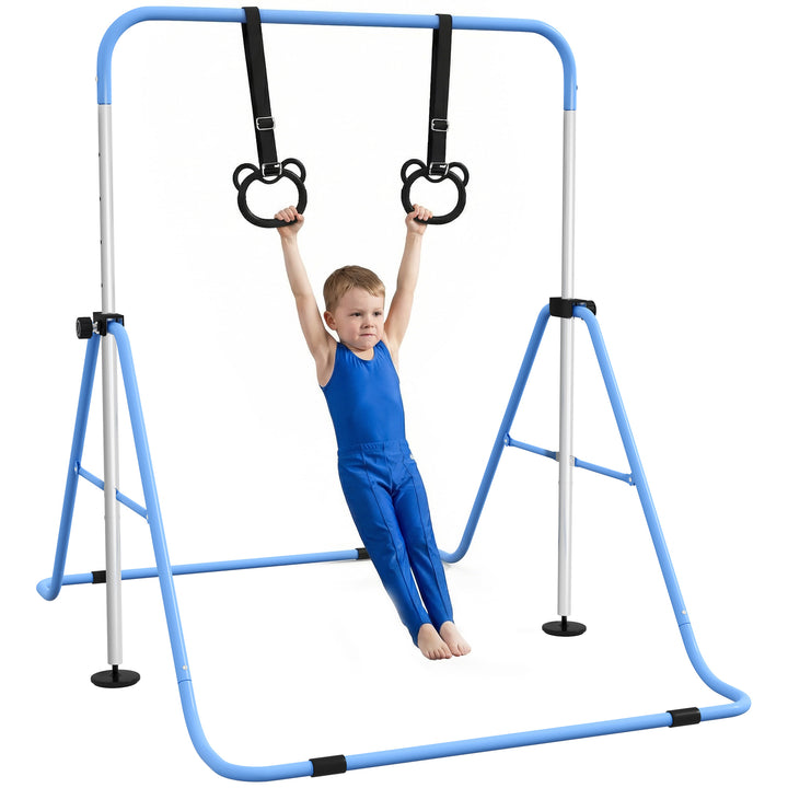 Barra de Ginástica para Crianças com Altura Ajustável em 5 Níveis e Anéis Barra de Treino de Ginástica Dobrável 148x105x88-128 cm Azul