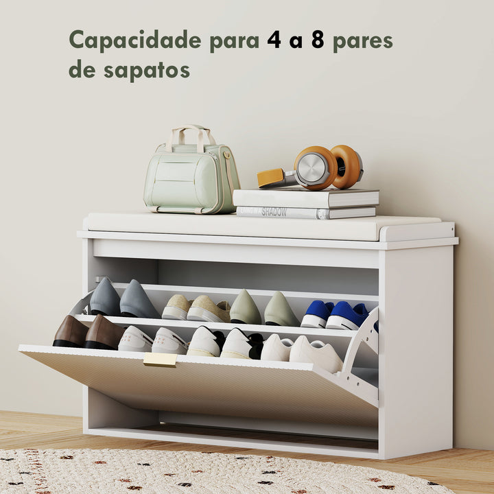 Banco Sapateira Móvel Sapateira Estreito Banco de Entrada com Assento Estofado Caixa Rebatível e Painel de Ripas para Entrada Quarto Sala de Estar 80x26x47,5 cm Branco