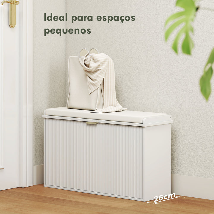 Banco Sapateira Móvel Sapateira Estreito Banco de Entrada com Assento Estofado Caixa Rebatível e Painel de Ripas para Entrada Quarto Sala de Estar 80x26x47,5 cm Branco