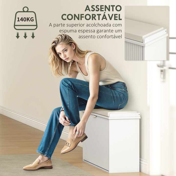 Banco Sapateira Móvel Sapateira Estreito Banco de Entrada com Assento Estofado Caixa Rebatível e Painel de Ripas para Entrada Quarto Sala de Estar 80x26x47,5 cm Branco