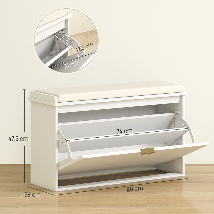 Banco Sapateira Móvel Sapateira Estreito Banco de Entrada com Assento Estofado Caixa Rebatível e Painel de Ripas para Entrada Quarto Sala de Estar 80x26x47,5 cm Branco