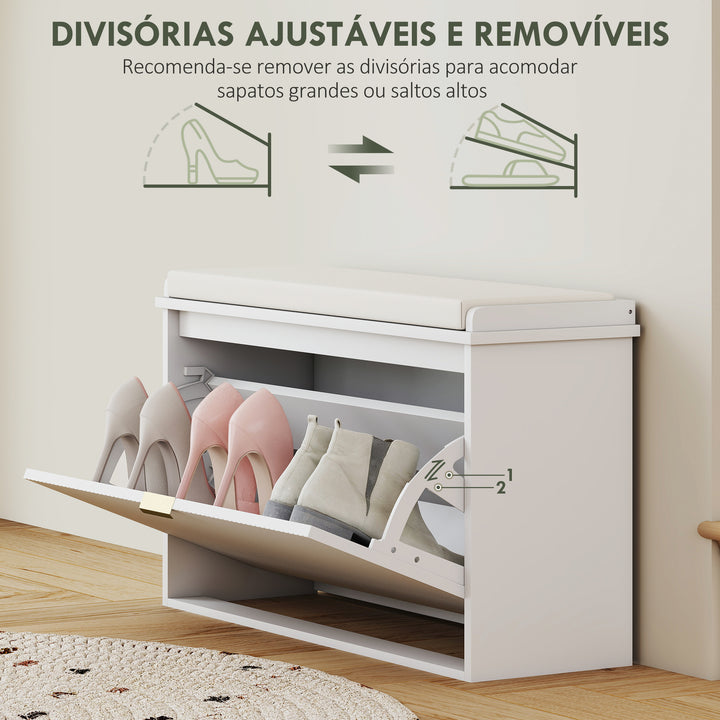 Banco Sapateira Móvel Sapateira Estreito Banco de Entrada com Assento Estofado Caixa Rebatível e Painel de Ripas para Entrada Quarto Sala de Estar 80x26x47,5 cm Branco