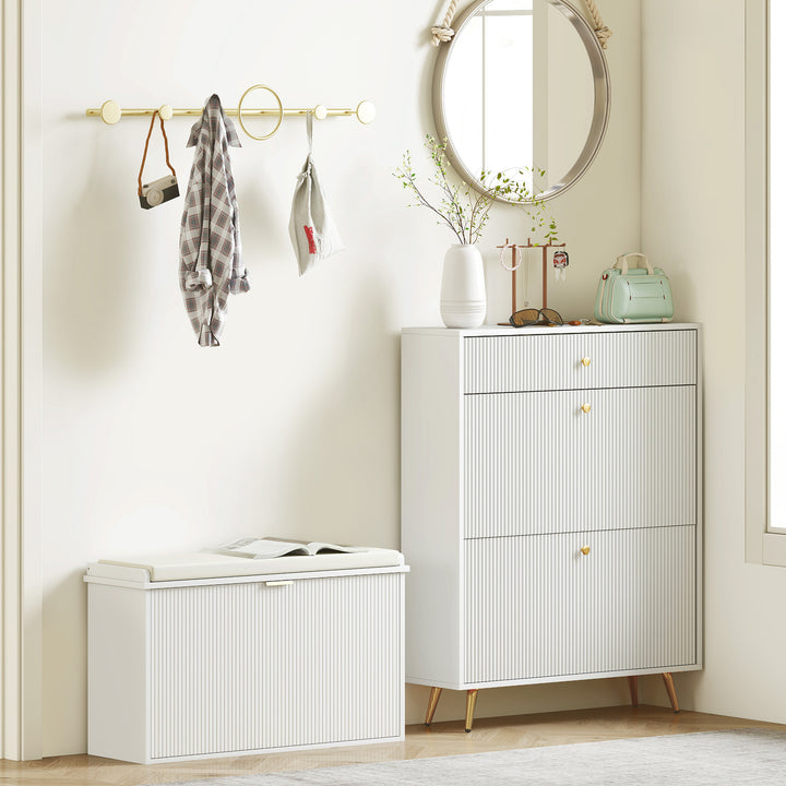 Banco Sapateira Móvel Sapateira Estreito Banco de Entrada com Assento Estofado Caixa Rebatível e Painel de Ripas para Entrada Quarto Sala de Estar 80x26x47,5 cm Branco