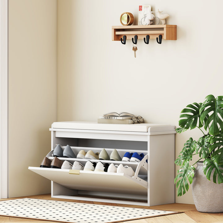 Banco Sapateira Móvel Sapateira Estreito Banco de Entrada com Assento Estofado Caixa Rebatível e Painel de Ripas para Entrada Quarto Sala de Estar 80x26x47,5 cm Branco