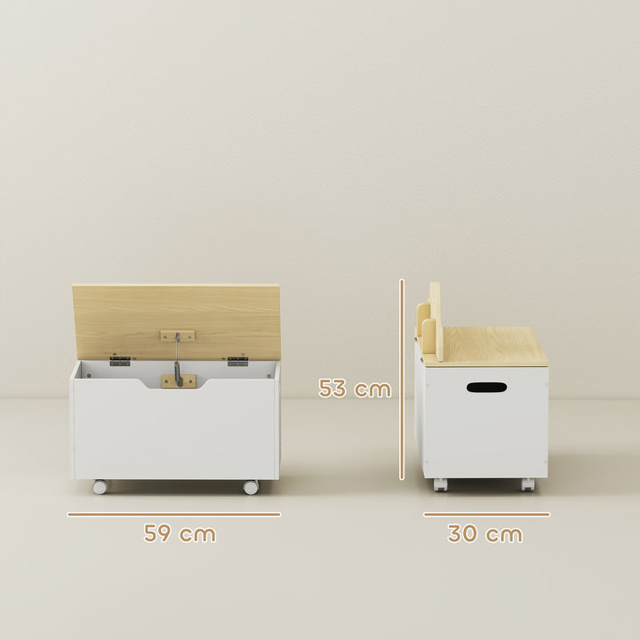 Baú de Brinquedos com Rodas Baú Infantil com Tampa Abatível e Dobradiça de Segurança Design de Nuvem para Quarto Sala de Jogos Creche 59x30x53 cm Branco e Madeira