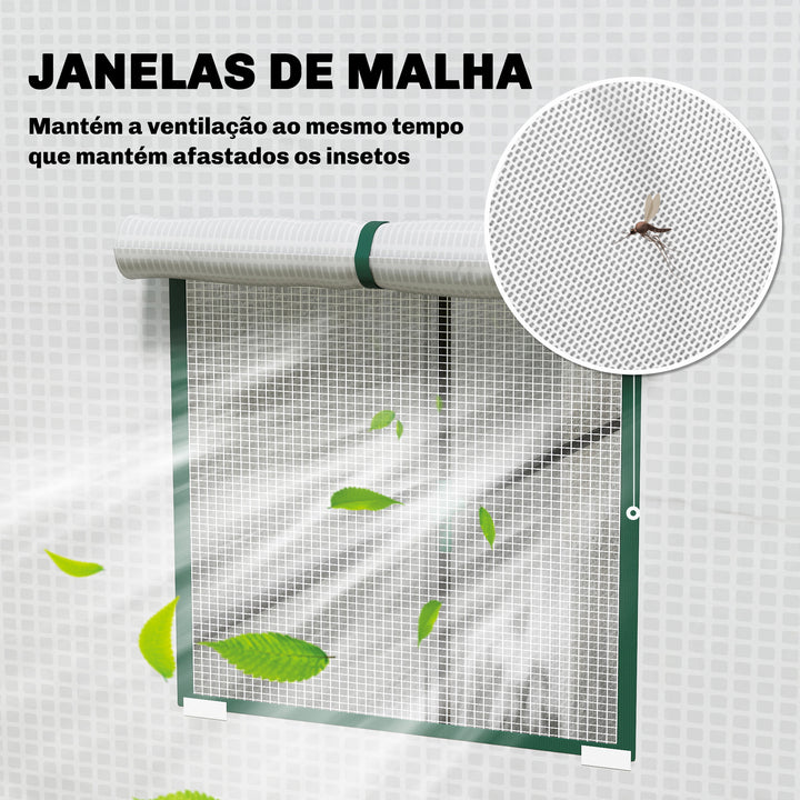 Estufa Pequena de Exterior com Janelas de Rede e Porta com Fecho de Correr Estrutura de Aço e Cobertura de PE 140g/m² para Cultivar Tomates, Plantas e Flores 196x77x197 cm Branco