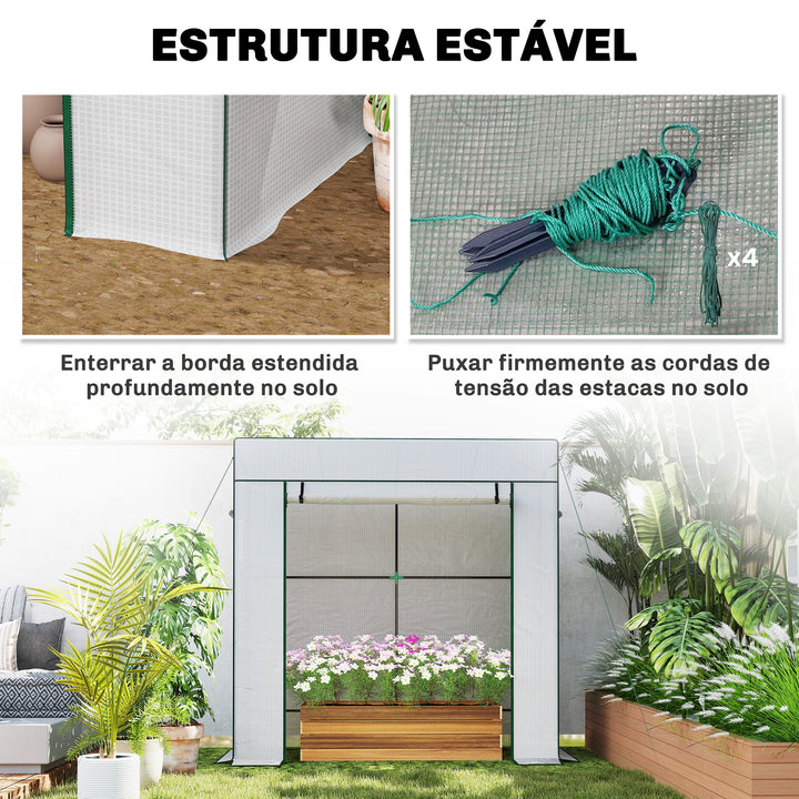 Estufa Pequena de Exterior com Janelas de Rede e Porta com Fecho de Correr Estrutura de Aço e Cobertura de PE 140g/m² para Cultivar Tomates, Plantas e Flores 196x77x197 cm Branco