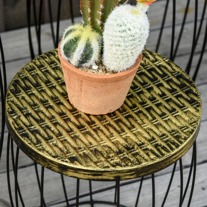 Conjunto de 3 Mesas de Jardim Empilháveis Mesas Auxiliares de Jardim Redondas com Estrutura Metálica e Tampo Imitação Vime para Varanda Terraço Pátio Preto