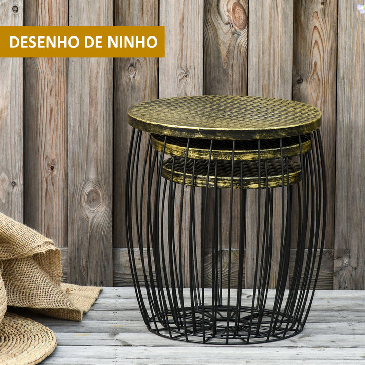 Conjunto de 3 Mesas de Jardim Empilháveis Mesas Auxiliares de Jardim Redondas com Estrutura Metálica e Tampo Imitação Vime para Varanda Terraço Pátio Preto