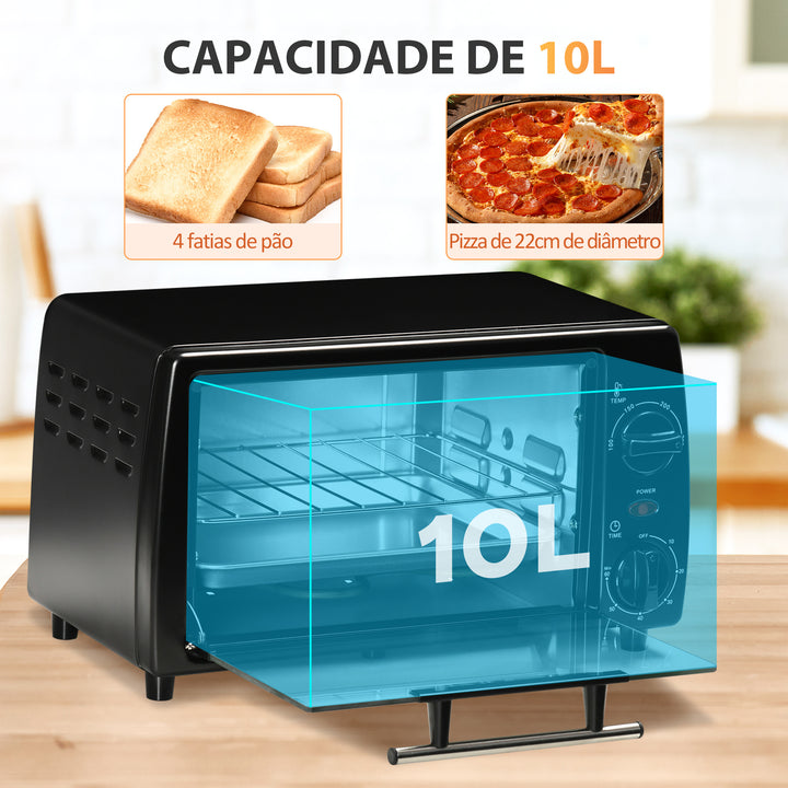 Mini Forno de Convecção 10 Litros 750W com Temperatura até 230 °C Temporizador 60 Minutos Bandeja e Grade 36,5x26x22cm Preto