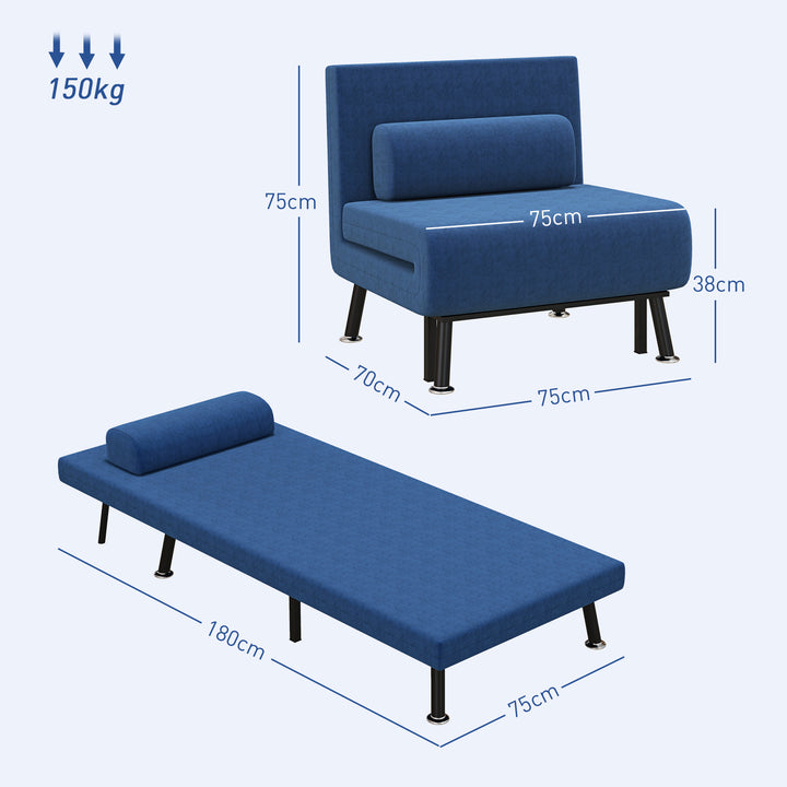 Sofá Cama Individual 3 em 1 Sofá Cama Dobrável Estofado em Linho com Encosto Ajustável em 5 Níveis e Almofada Acolchoada para Escritório Quarto Sala 75x70x75 cm Azul Escuro