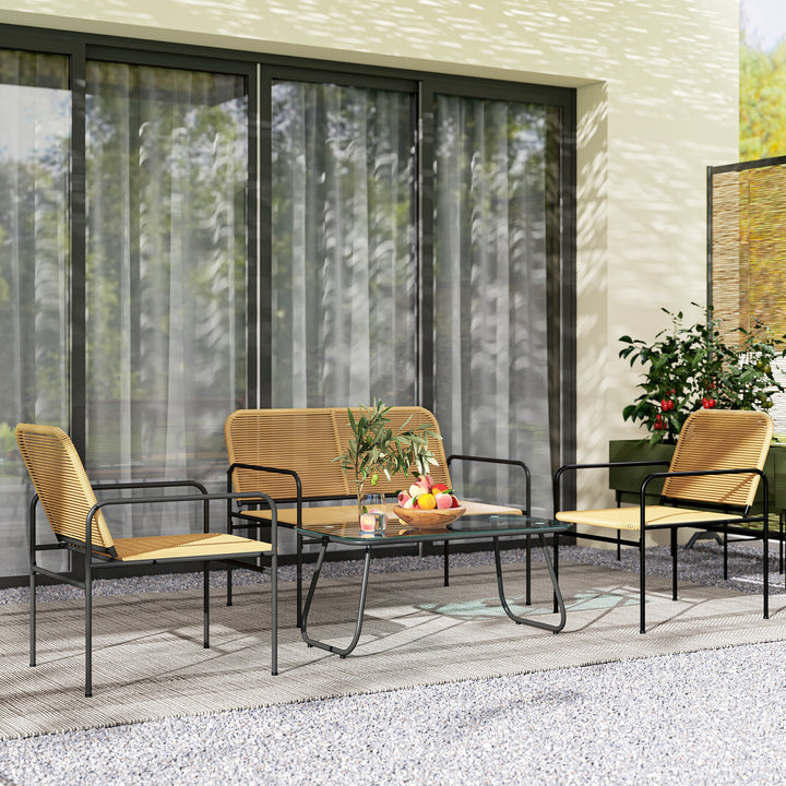 Conjunto de Jardim em Vime Conjunto de Varanda Resistente às Intempéries com 2 Poltronas Sofá de 2 Lugares e Mesa com Bancada em Vidro Temperado Madeira e Preto