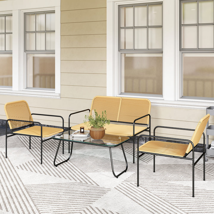 Conjunto de Jardim em Vime Conjunto de Varanda Resistente às Intempéries com 2 Poltronas Sofá de 2 Lugares e Mesa com Bancada em Vidro Temperado Madeira e Preto