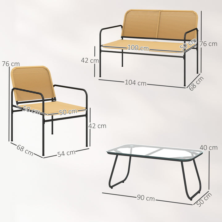 Conjunto de Jardim em Vime Conjunto de Varanda Resistente às Intempéries com 2 Poltronas Sofá de 2 Lugares e Mesa com Bancada em Vidro Temperado Madeira e Preto