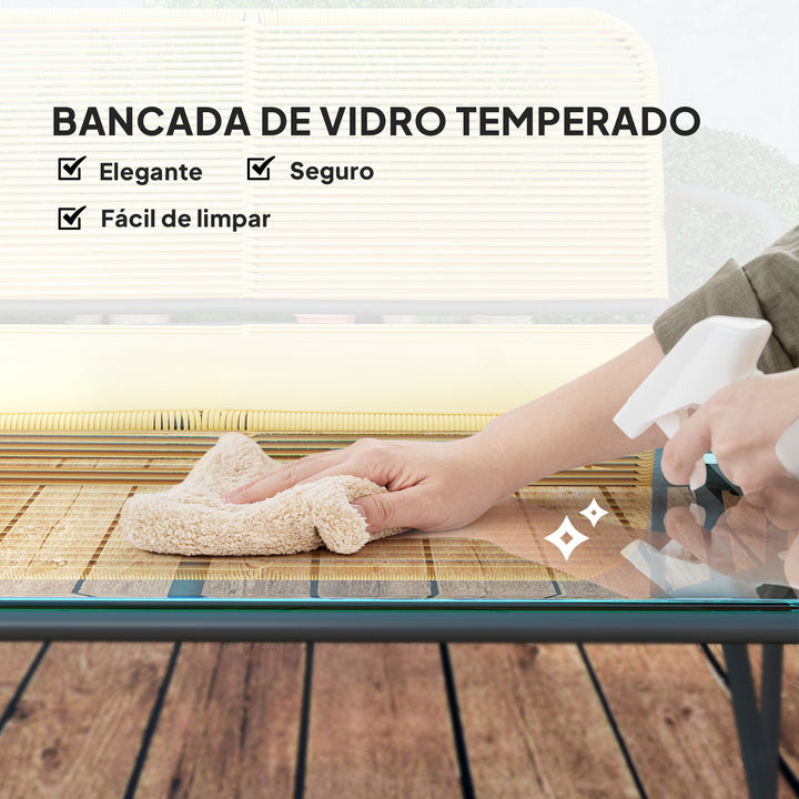 Conjunto de Jardim em Vime Conjunto de Varanda Resistente às Intempéries com 2 Poltronas Sofá de 2 Lugares e Mesa com Bancada em Vidro Temperado Madeira e Preto