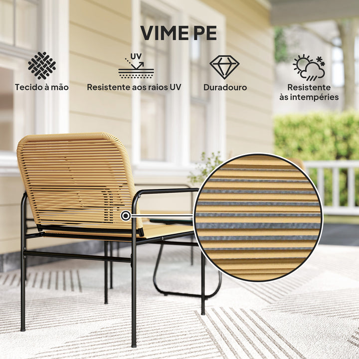 Conjunto de Jardim em Vime Conjunto de Varanda Resistente às Intempéries com 2 Poltronas Sofá de 2 Lugares e Mesa com Bancada em Vidro Temperado Madeira e Preto