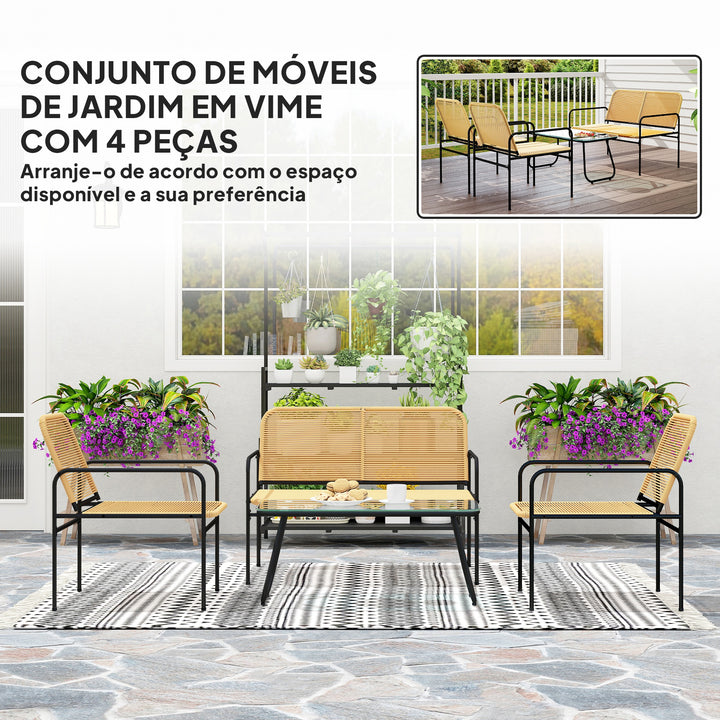 Conjunto de Jardim em Vime Conjunto de Varanda Resistente às Intempéries com 2 Poltronas Sofá de 2 Lugares e Mesa com Bancada em Vidro Temperado Madeira e Preto