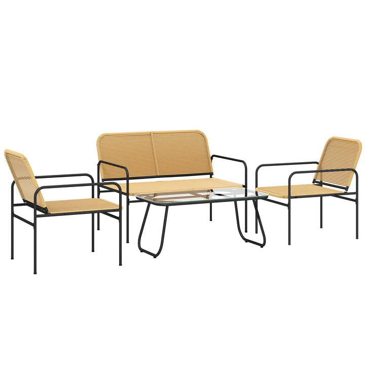 Conjunto de Jardim em Vime Conjunto de Varanda Resistente às Intempéries com 2 Poltronas Sofá de 2 Lugares e Mesa com Bancada em Vidro Temperado Madeira e Preto