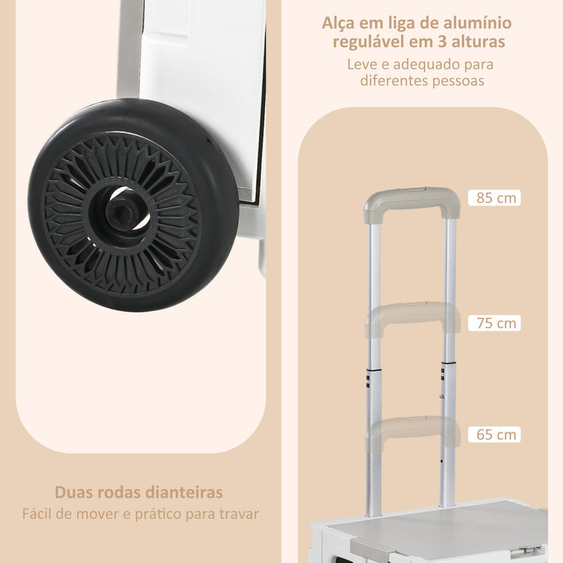 Carrinho de Armazenamento Dobrável Carrinho de Compras com 2 Rodas Comprimento de Pega Ajustável Capacidade 32L para Escritório Escola Casa 41,5x32,5x85 cm Branco