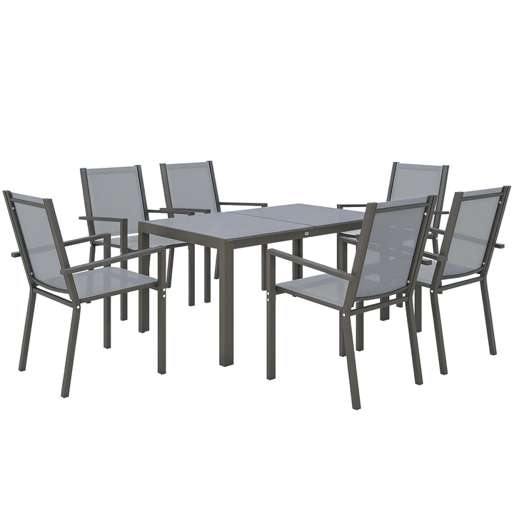 Conjunto de Mesa e Cadeiras de Jardim de 7 Peças Móveis de Exterior com 6 Cadeiras Empilháveis e Estrutura de Aço para Terraço e Pátio Cinzento Claro