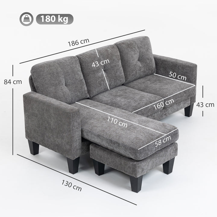 Sofá Chaise Longue Sofá em Forma de L Estofado em Poliéster Sofá de Canto Reversível com 3 Almofadas e Pés de Madeira para Sala de Estar Carga Máxima 180 kg 186x130x84 cm Cinzento Escuro