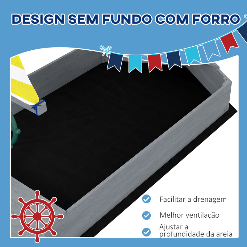 Caixa de Areia para Crianças de Madeira Caixa de Areia Infantil com Bandeira e Leme em Forma de Veleiro para Pátio Jardim 190x90x138 cm Cinza Escuro