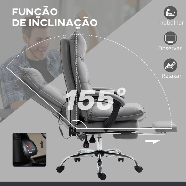 Cadeira de Escritório com 6 Pontos de Massagem e 5 Modos Cadeira de Escritório Reclinável com Função de Aquecimento Altura Ajustável e Rodas para Estúdio 66x74x114-121,5 cm Cinza
