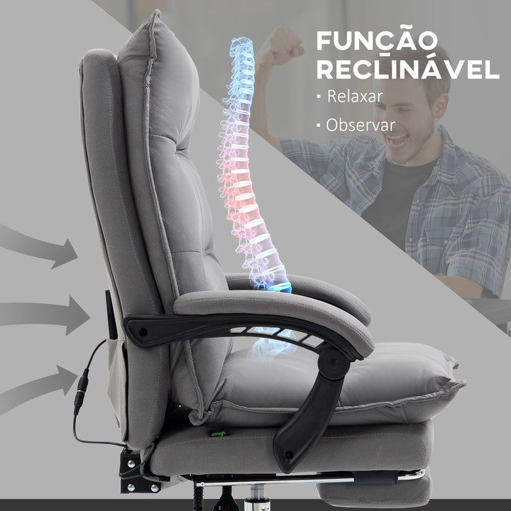 Cadeira de Escritório com 6 Pontos de Massagem e 5 Modos Cadeira de Escritório Reclinável com Função de Aquecimento Altura Ajustável e Rodas para Estúdio 66x74x114-121,5 cm Cinza
