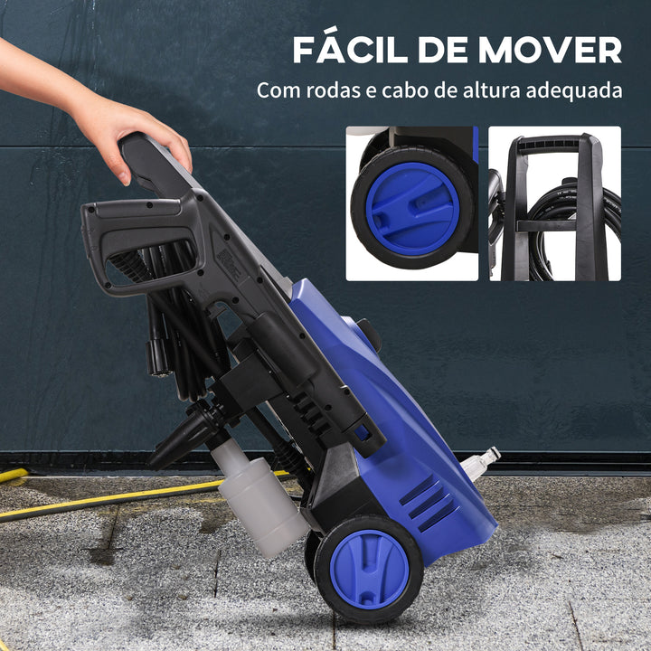 Lavadora de Alta Pressão 1600W Caudal 432 L/h Bomba de Alumínio Pressão de 135 Bar Mangueira de 6 m Inclui Garrafas de Sabão Bocal Escova 32x24x65 cm Azul