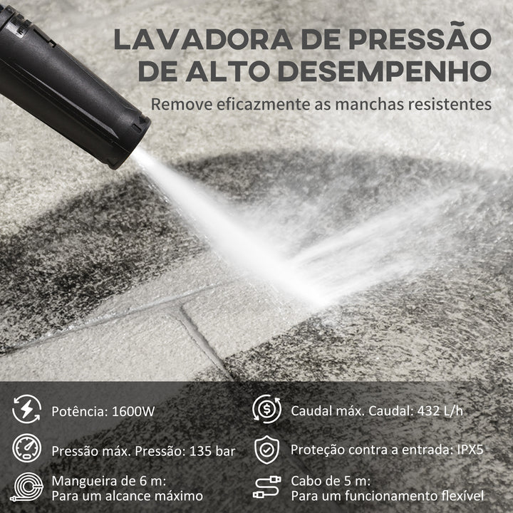 Lavadora de Alta Pressão 1600W Caudal 432 L/h Bomba de Alumínio Pressão de 135 Bar Mangueira de 6 m Inclui Garrafas de Sabão Bocal Escova 32x24x65 cm Azul