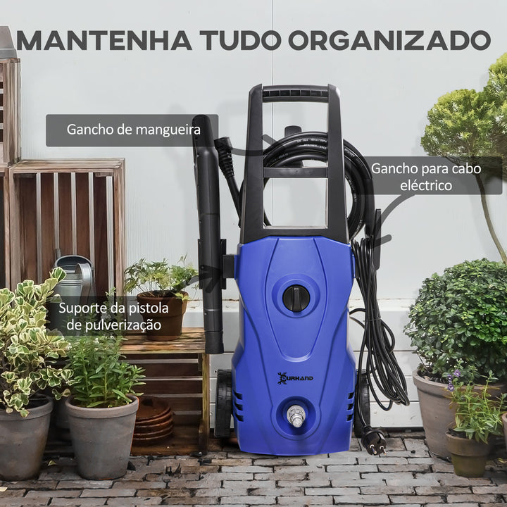 Lavadora de Alta Pressão 1600W Caudal 432 L/h Bomba de Alumínio Pressão de 135 Bar Mangueira de 6 m Inclui Garrafas de Sabão Bocal Escova 32x24x65 cm Azul