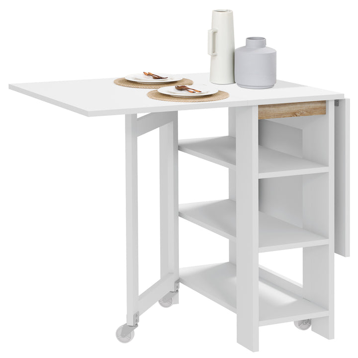 Mesa Dobrável com Asas Dobráveis Mesa de Cozinha com 2 Rodas e Prateleiras Estilo Moderno 120x60x75 cm Branco