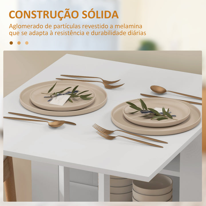 Mesa Dobrável com Asas Dobráveis Mesa de Cozinha com 2 Rodas e Prateleiras Estilo Moderno 120x60x75 cm Branco