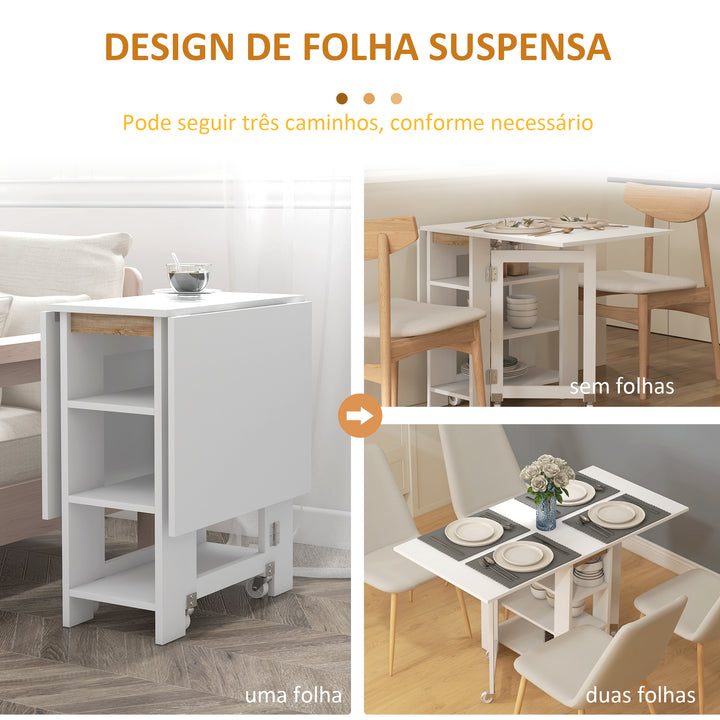 Mesa Dobrável com Asas Dobráveis Mesa de Cozinha com 2 Rodas e Prateleiras Estilo Moderno 120x60x75 cm Branco