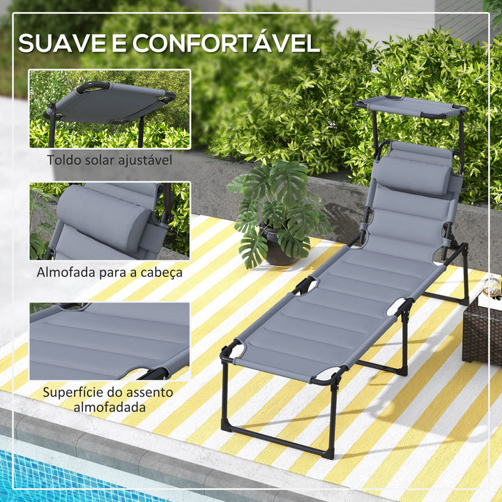 Espreguiçadeira Dobrável Espreguiçadeira de Jardim com Toldo Ajustável Encosto Regulável em 4 Níveis e Apoio de Cabeça para Jardim Terraço Piscina 70x200x45 cm Cinza