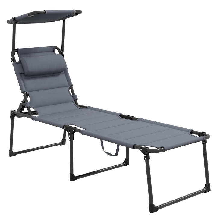 Espreguiçadeira Dobrável Espreguiçadeira de Jardim com Toldo Ajustável Encosto Regulável em 4 Níveis e Apoio de Cabeça para Jardim Terraço Piscina 70x200x45 cm Cinza