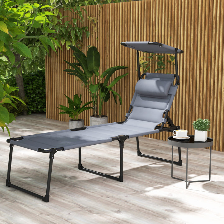 Espreguiçadeira Dobrável Espreguiçadeira de Jardim com Toldo Ajustável Encosto Regulável em 4 Níveis e Apoio de Cabeça para Jardim Terraço Piscina 70x200x45 cm Cinza