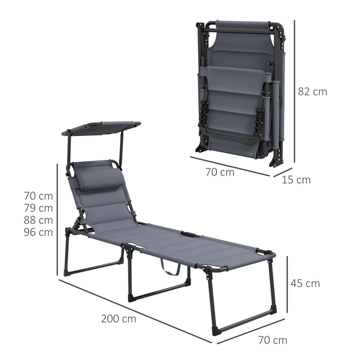 Espreguiçadeira Dobrável Espreguiçadeira de Jardim com Toldo Ajustável Encosto Regulável em 4 Níveis e Apoio de Cabeça para Jardim Terraço Piscina 70x200x45 cm Cinza